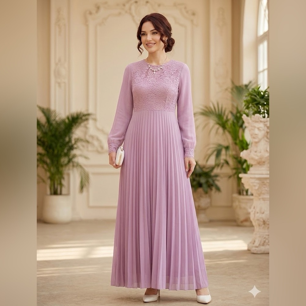 Dusty Rose Long Sleeve Pleated Dress